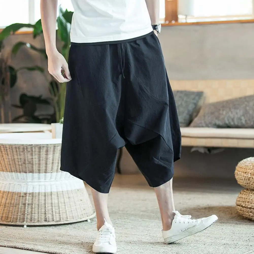 Fashion Men Pants All Match Calf length Solid Color Drawstring Loose Cropped Pants Casual 3/4 Trousers for Travel