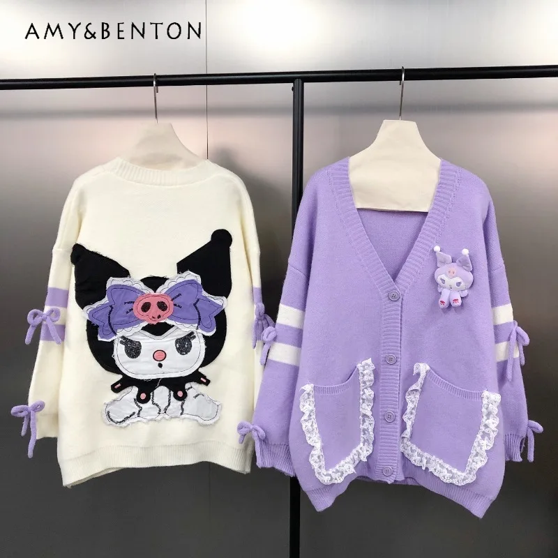 

New Sweet Korean Style V-Neck Design Embroidered Patch Versatile Loose Sweater Coat Women's Kawaii Cute Single-Breasted Jacket