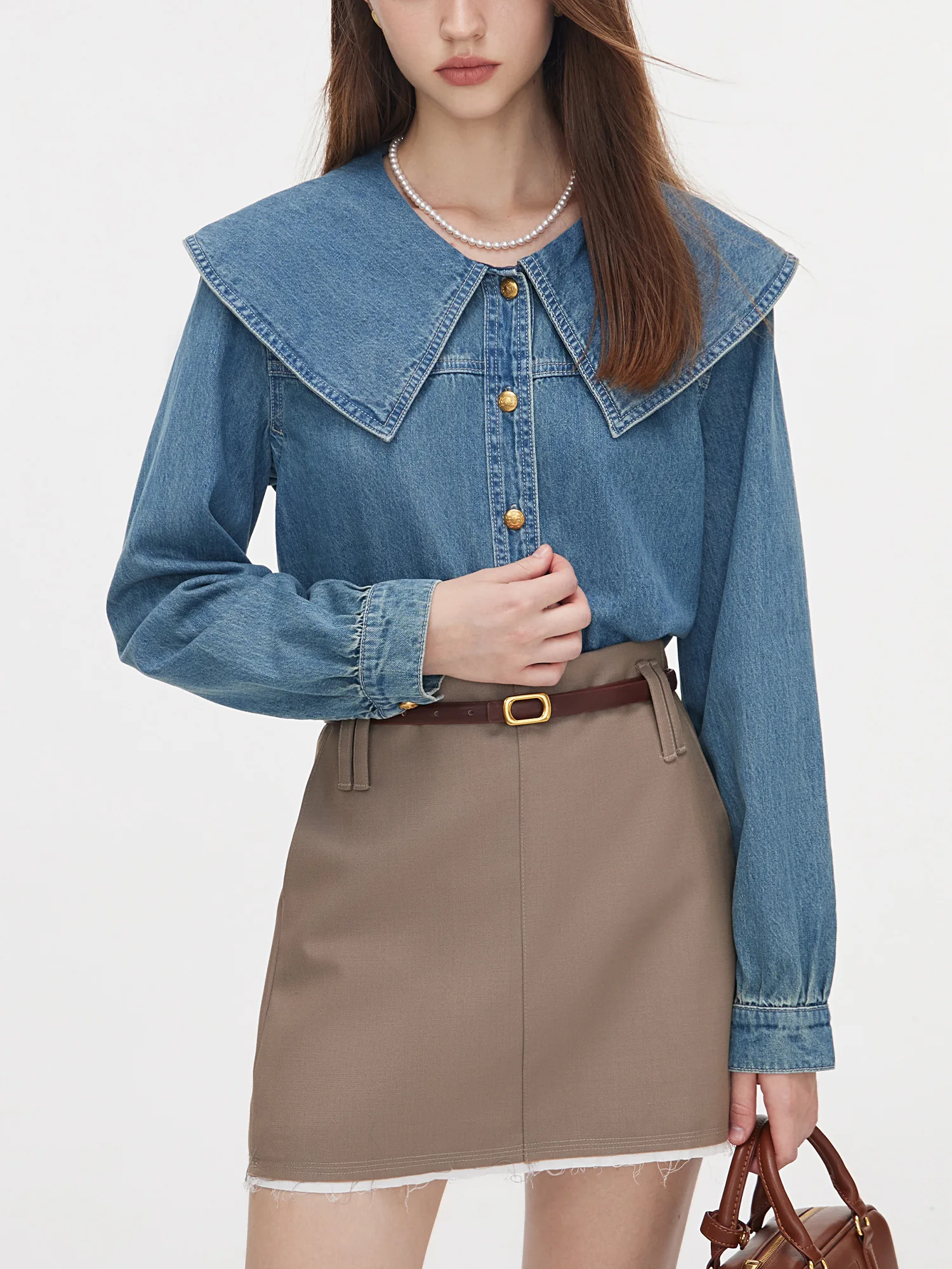 FSLE Retro Casual Doll Collar Denim Shirt For Women 2024 Autumn New Design Loose Versatile Shirt For Female 24FS13016