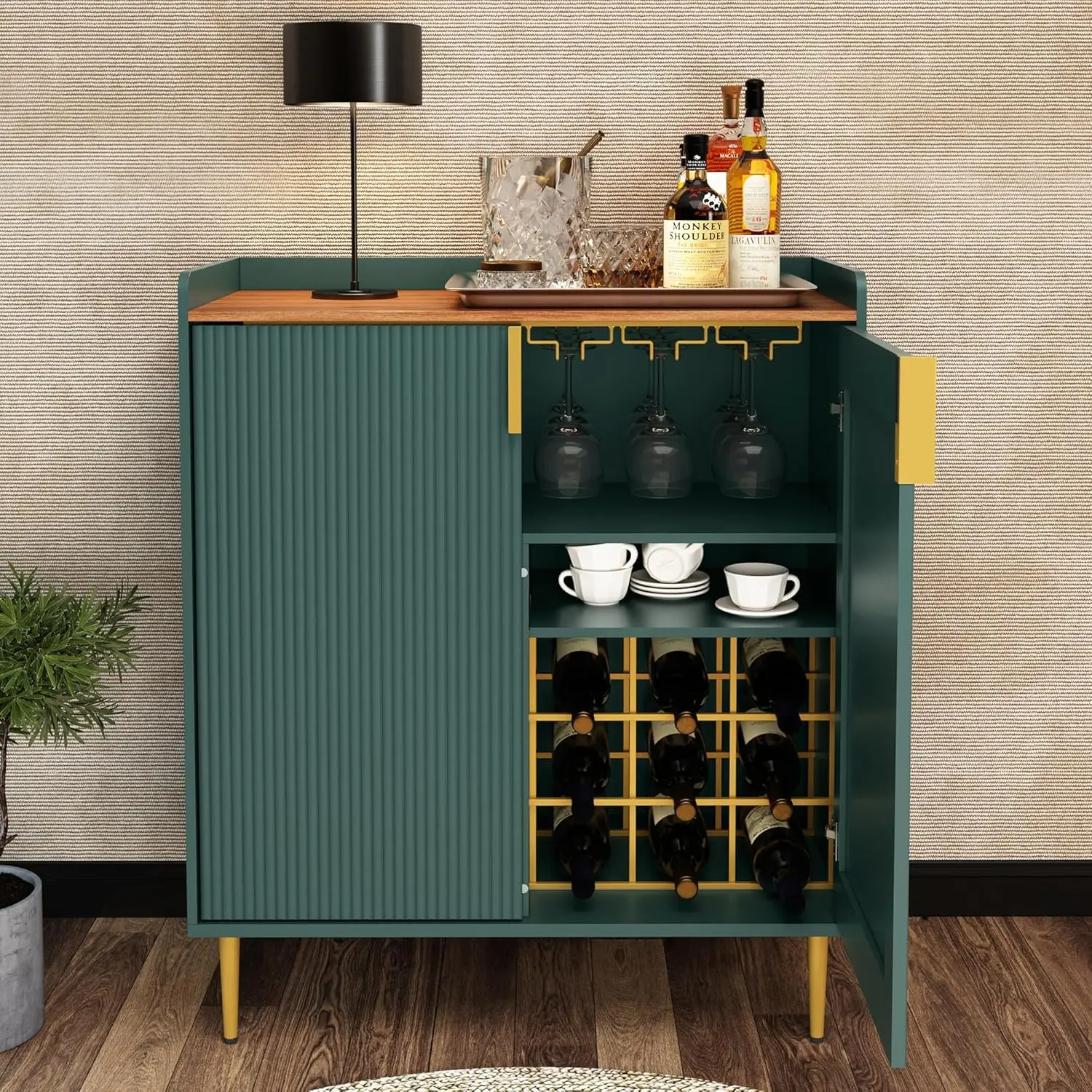 Coffee Bar Cabinet with Wine Racks, Green Liquor Cabinet with Fluted Texture, Modern Sideboard Buffet Cabinet for Kitch