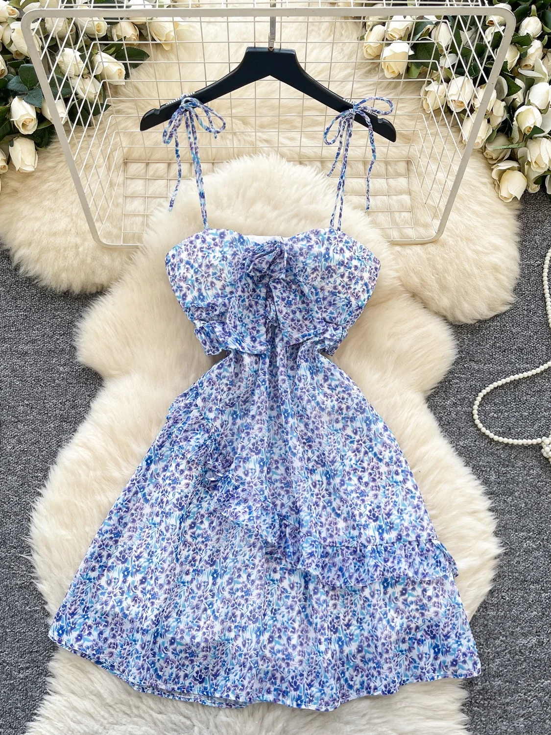 Ele Hollow out Bal Strap Dr Women's Waist Cinched Floral Snowflake Vaion Skirt ort Korean Sle Commute