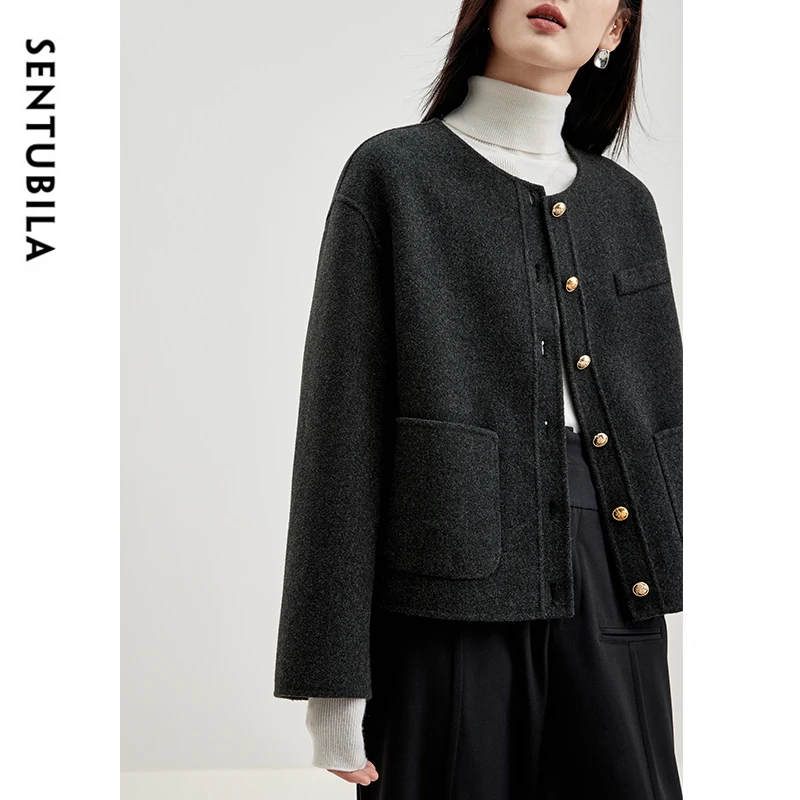 SENTUBILA Women Winter 100% Sheep Wool Short Coat Comfortable Warm Outerwear 2024 Female Double-sided Woolen Jackets W34O49735