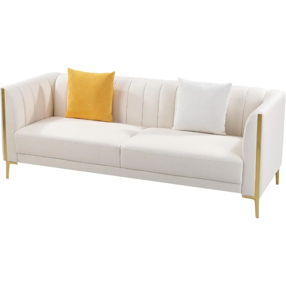 

78'' Sofa, Modern White Couches for Living Room, Comfy, Faux Leather Sofa 3 Seater Sofa with 2 Throw Pillows and Gold Metal Legs