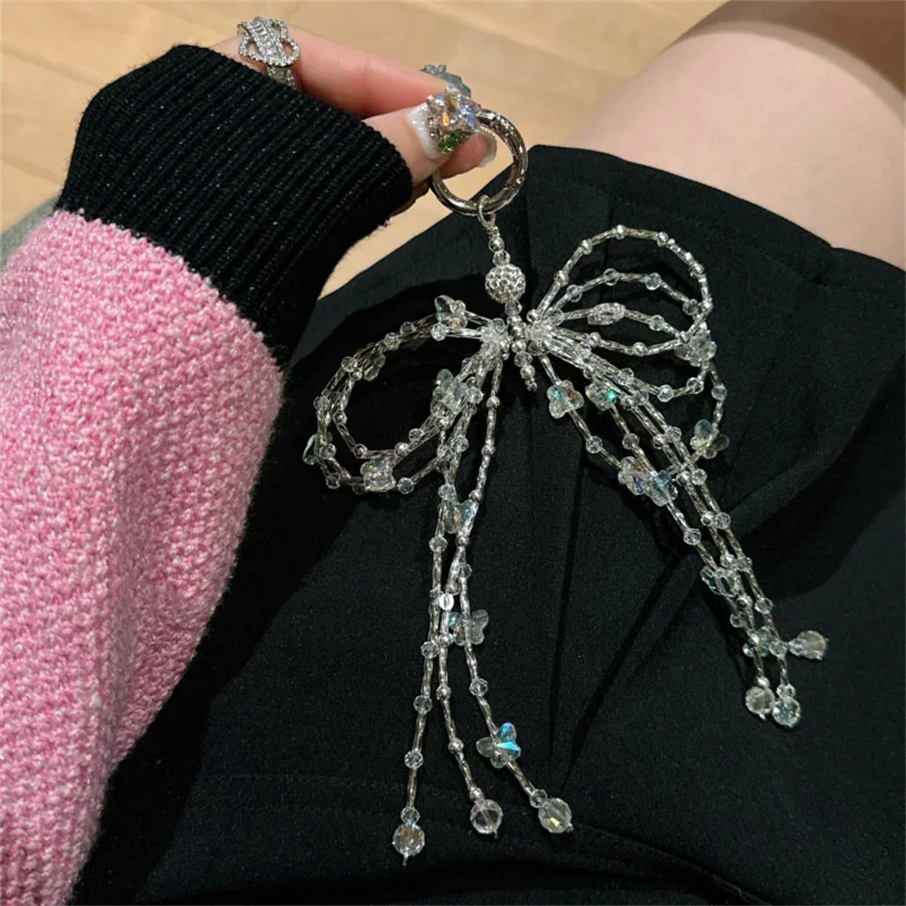 Glitter Bling Bow Crystal Beaded Phone Charm Strap Pendant Bracelet for IPhone Airpods Accessories Bag Women Girl Hanging Cord