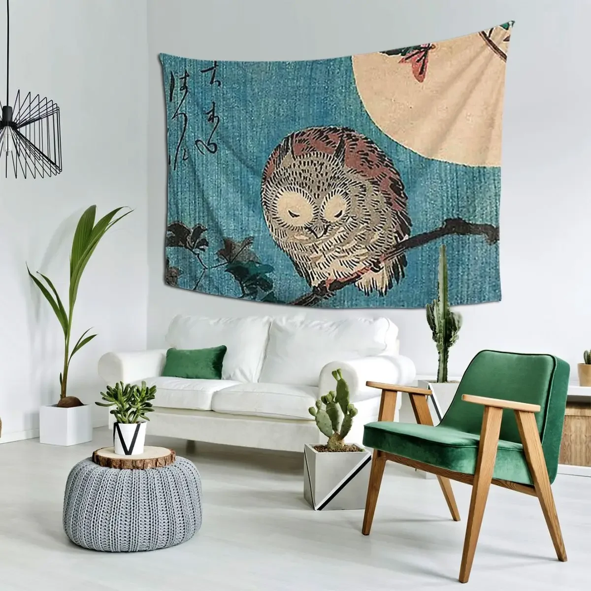 Small Horned Owl On Maple Branch Under Full Moon Tapestry Hippie Wall Hanging Home Decor Tapestries for Room Bedroom Dorm Room