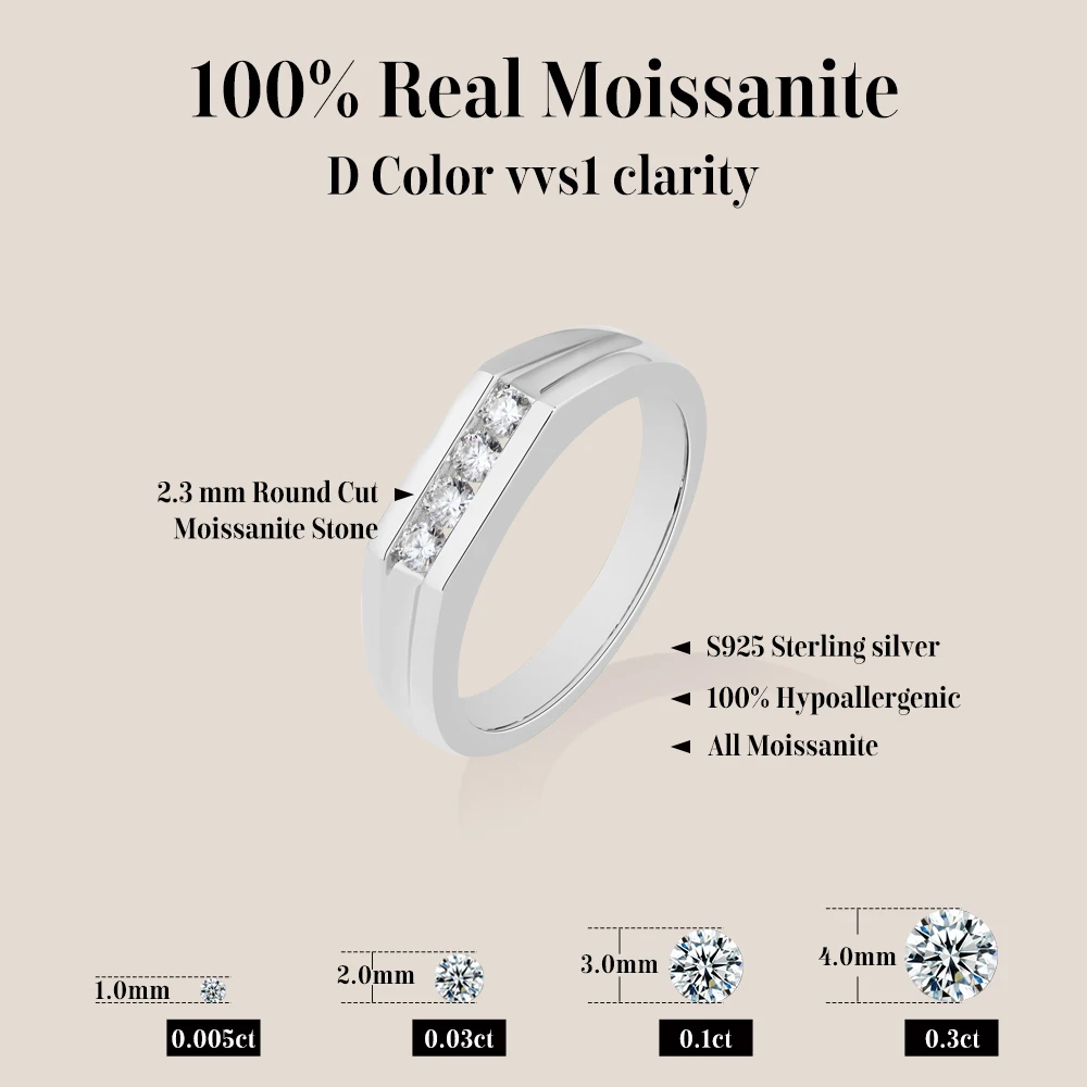 Mintybox Round Cut Moissanite Rings for Women Men S925 Sterling Silver 4 Stones Flat Band Classic Anniversary Gift for Boyfriend