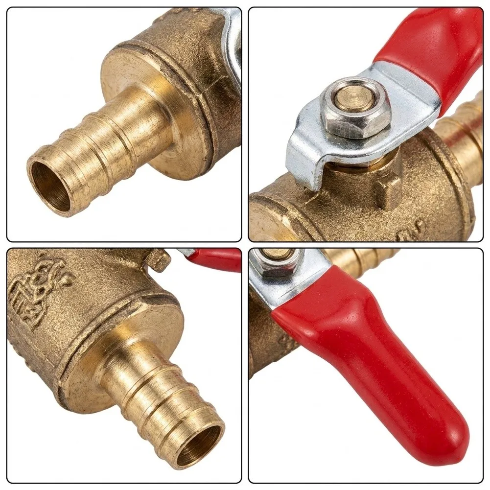Brass Through Type For Mini Ball Valve Featuring Red Handle for Pneumatic Applications - Fits 6mm 8mm 10mm 12mm Inline Tubes