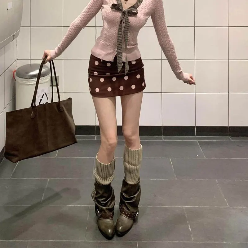 

Vintage Korean Polka Dot Printed Mini Skirts Female Clothing Bag Hip Spring Summer High Waist Fashion Zipper Basic A-Line Skirts