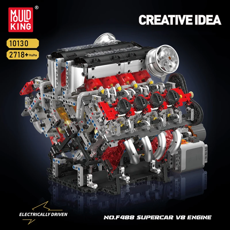 Mould King 10130 Technical Car Toys The Motorized F488 Supercar V8 Engine Building Block Assembly Brick Set Kids Christmas Gift