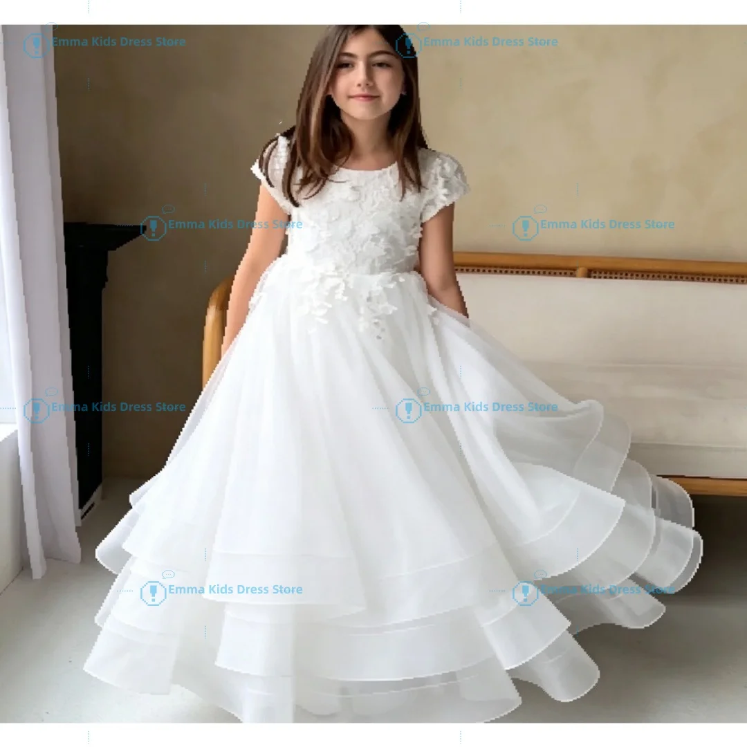Custom girls' white 3D floral lace multi-layer tulle dress, short-sleeve prom dress, wedding and birthday party children's forma