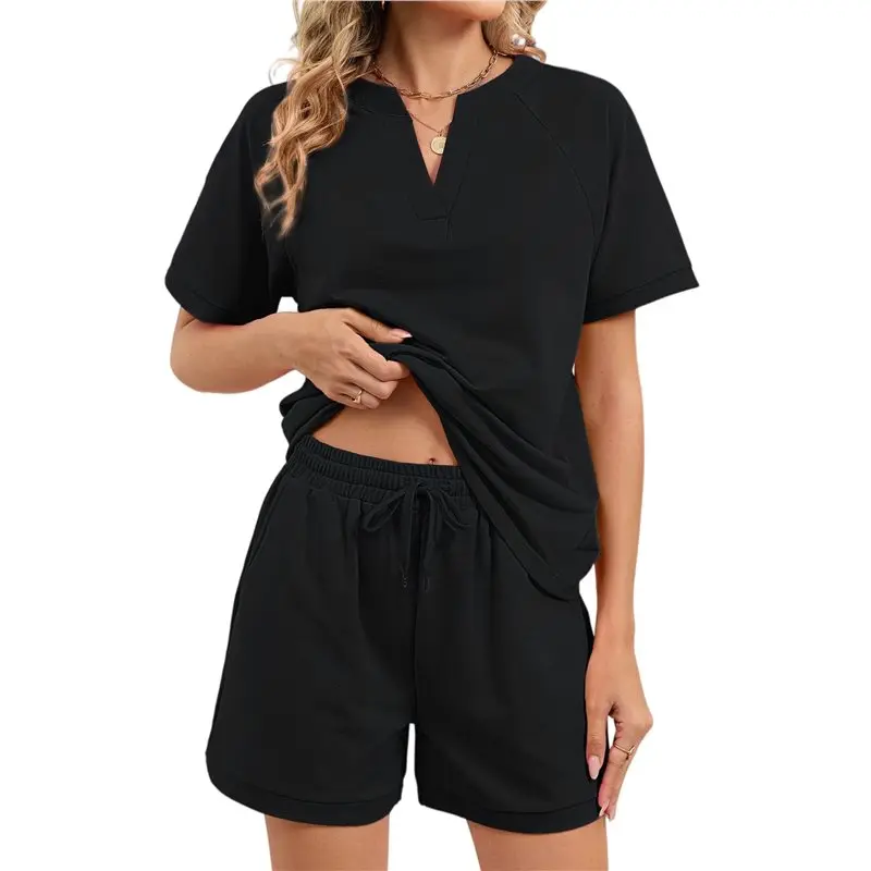 

CYL-Women 2 Piece V Neck Matching Lounge Sets Clothing Spring Cap Sleeve Shirt And Shorts