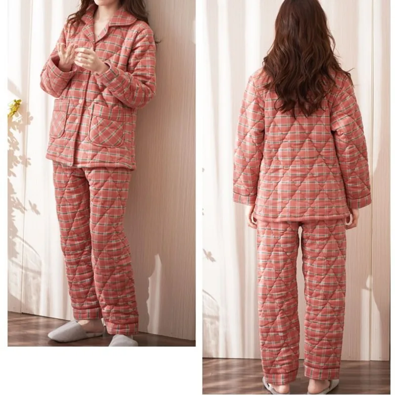 2024 New Extra-thick Pajama Women Autumn Winter 100% Cotton Padded Loungewear Middle-aged Homewear Suit V-neck Lattice Sleepwear