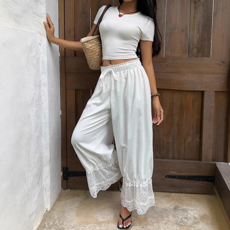 ONE TO WAN Womens Wide Leg Pants Woman Y2K Lace Trim Hem Long Bloomers Drawstring Mid Rise Casual Street Loose Trousers