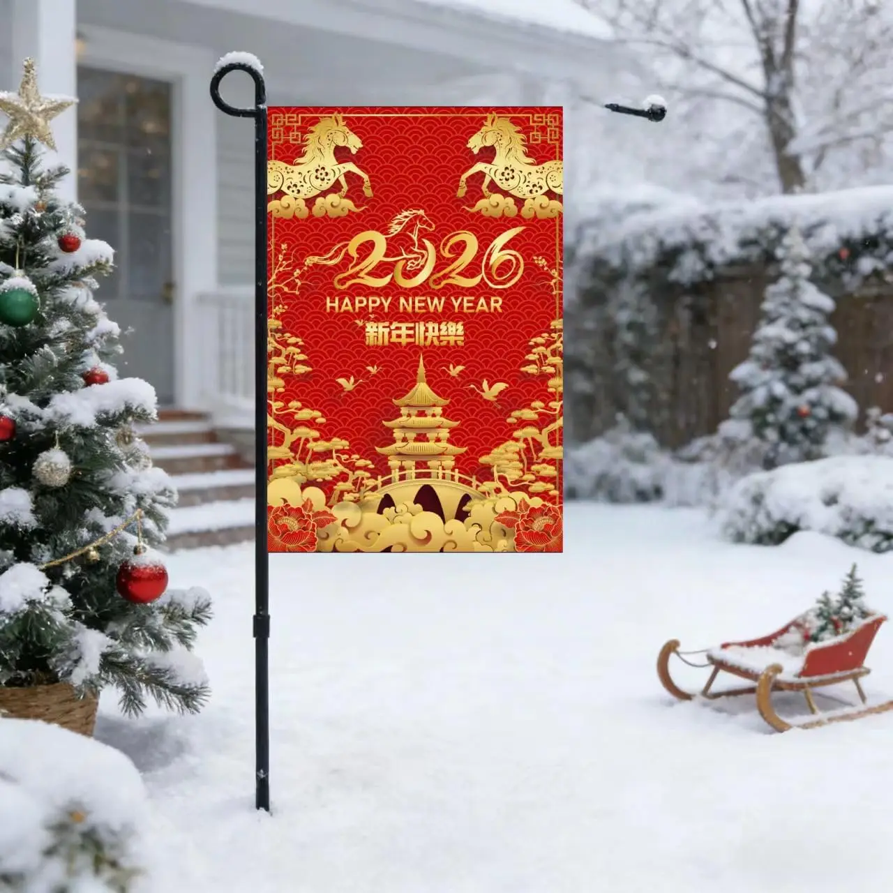 KYMY Chinese New Year Garden Flag, 2026 Zodiac Horse Double-Sided Yard Flag 17.7