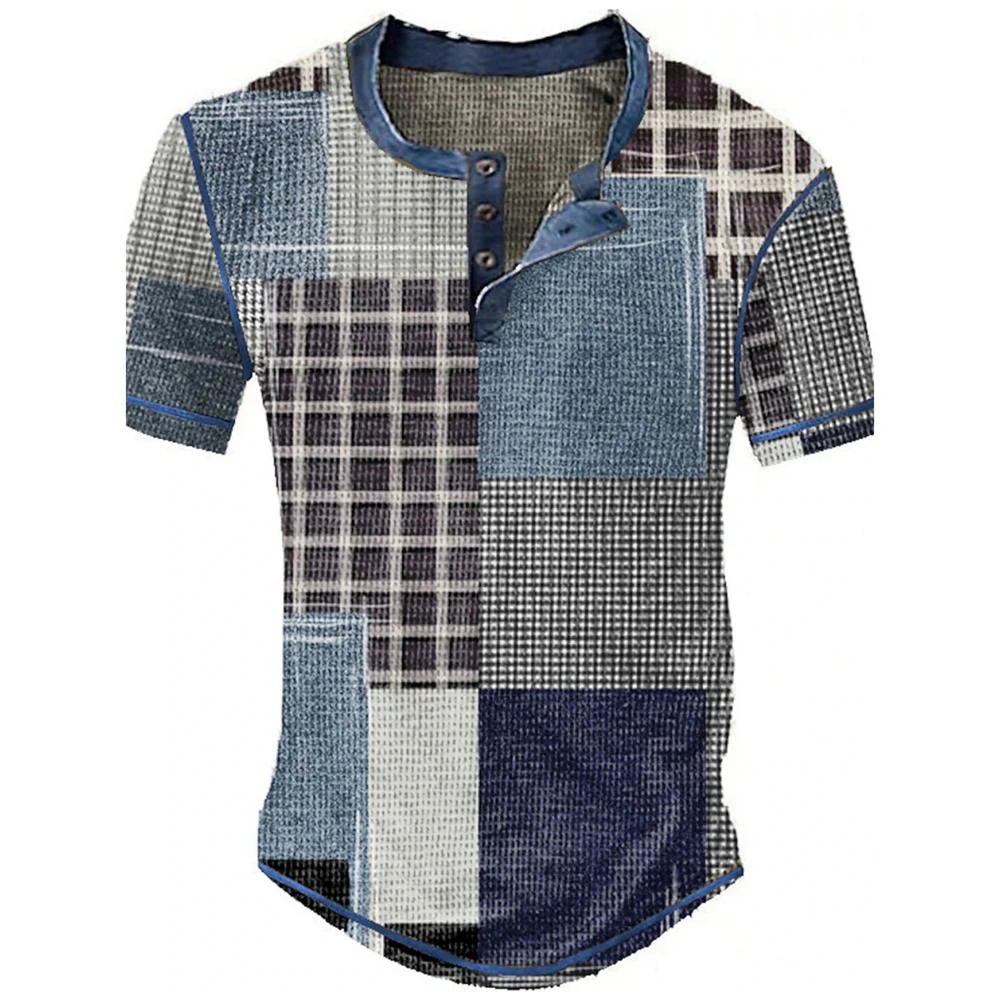 Farbblock-Patchwork Grafik 3D-Druck Henley-Shirts Herren Vintage Mode Übergroße Kurzarm T-Shirts Männer Oberteile Kleidung – Detail 13