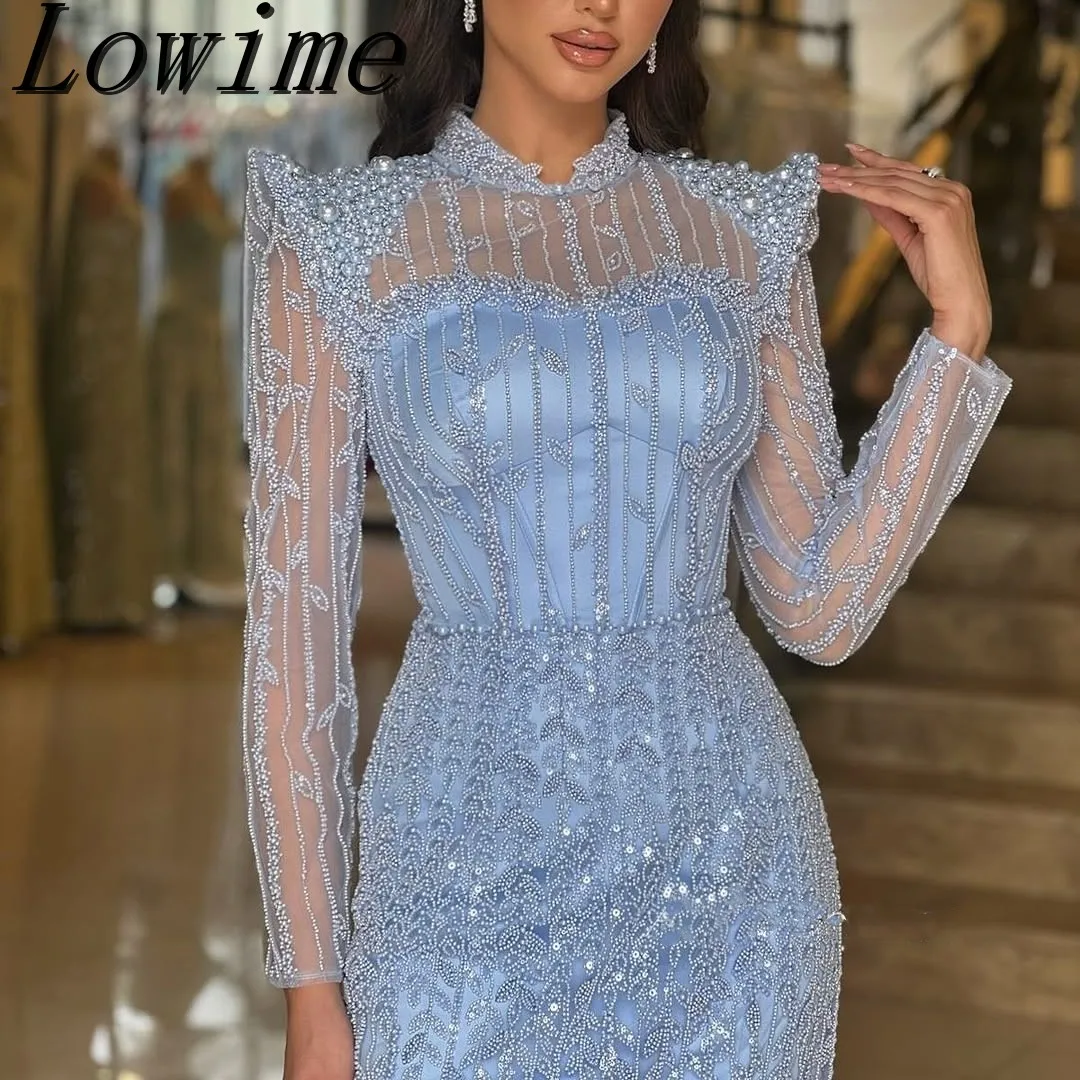 Arabic Long Sleeves Evening Dresses Elegant Mermaid Blue Mermaid Prom Dress Robes De Soiree Crystals Engagement Party Gowns 2025