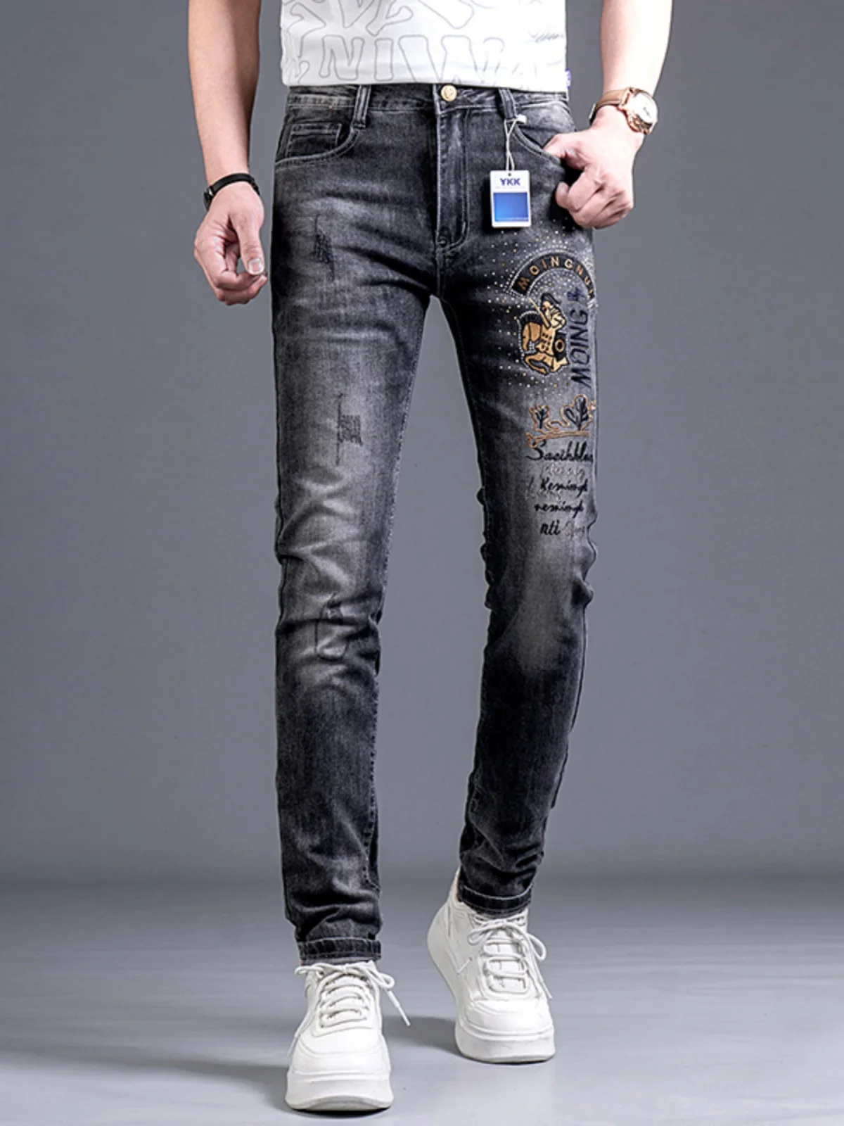 

Trendy Embroidered Rhinestone Slim Fit Men's Jeans Casual Spring Autumn Versatile Wear Resistant Cotton Stretch Denim