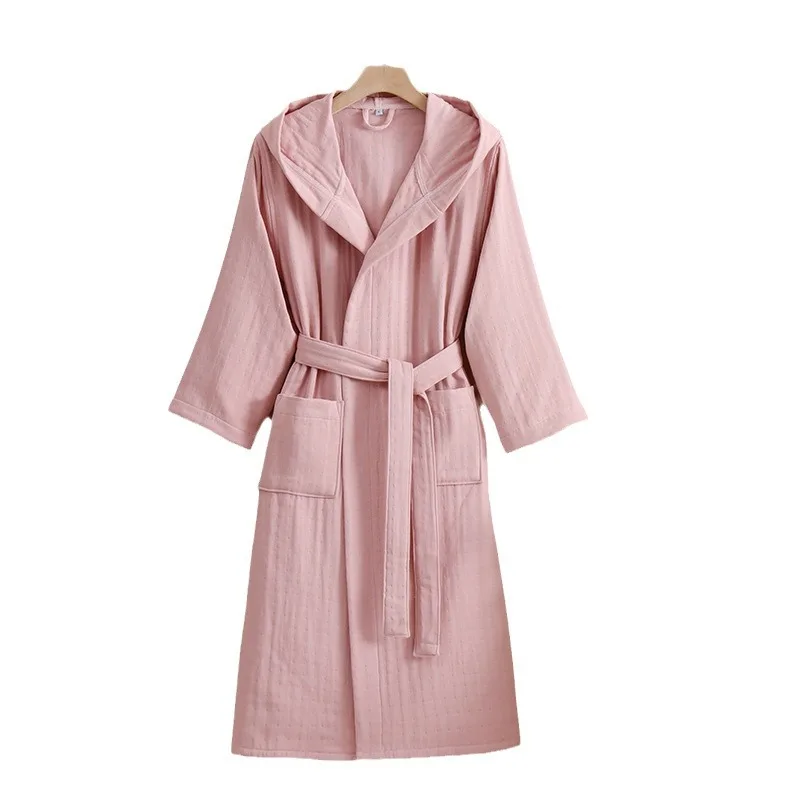 100% Cotton 4 Layer Gauze Kimono Robe 2024 New Women And Men Hooded Bathrobe Nightgown Soft Home Clothes Solid Hotal Spa Robes