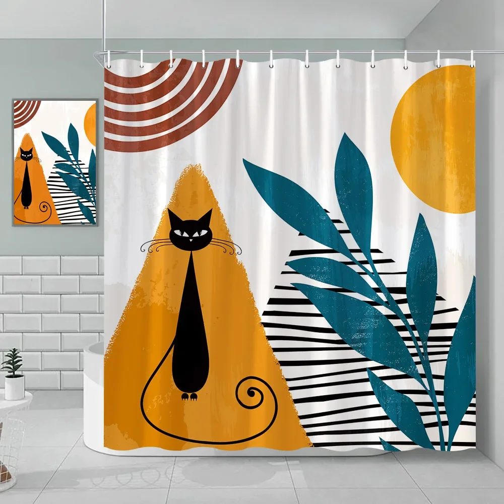 Bohemian Shower Curtain Cat Romantic Mid Century Modern Minimalist Abstract Lines Geometric Tropical Plants Bathroom Decoration