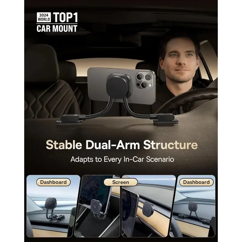 Car Mount: Dual-Arm Adjustable Magnetic Phone Holder with Reversible Flexible Design