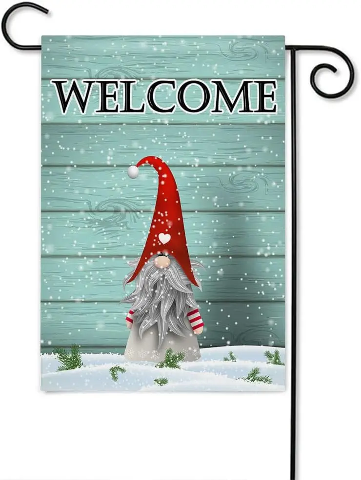 Welcome Christmas Gnome Welcome Garden Flags Double Sided Winter Snow Field Green Grass Wood Plank Yard Flag 12.5x18 Inch Burlap