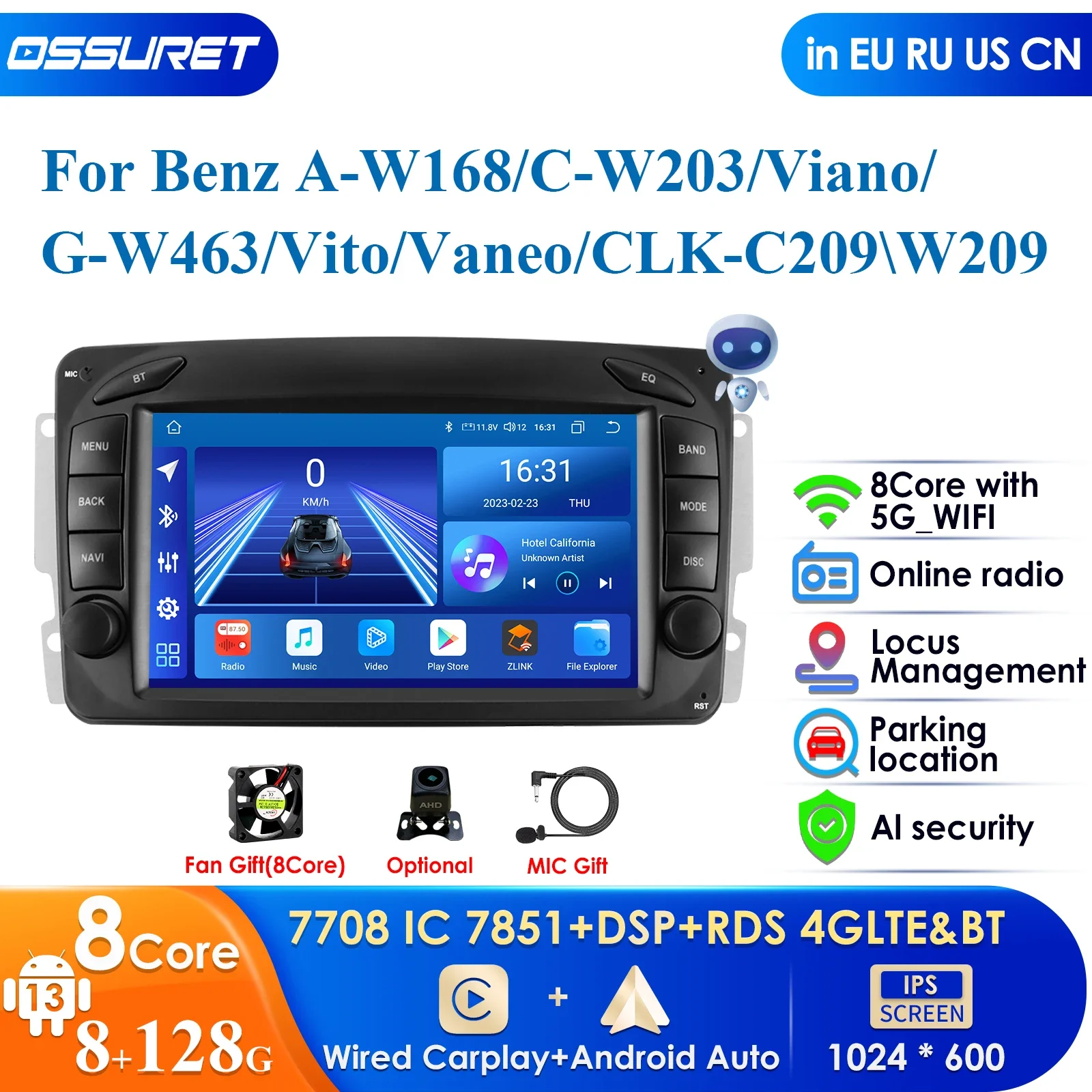 

7'' 7862 AI System 2din Android 13 Car Multimedia Player for Mercedes Benz W203 Vito W639 Vaneo CLK W209 Carplay WIFI BT RDS USB