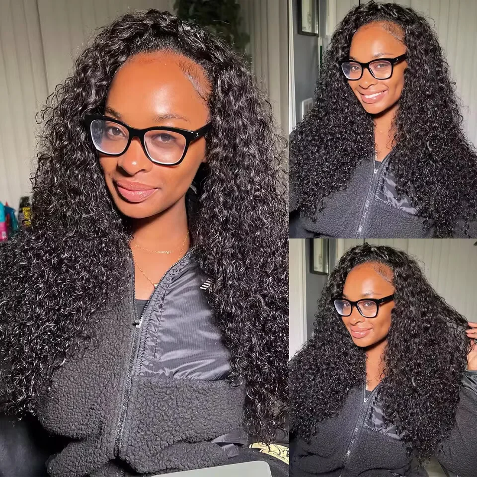 

Half Afro Kinky Curly Wigs Human Hair No Glue Headband Wig With Drawstring Seamless Clip Ins Flip Over 300% Curly V Part Wig