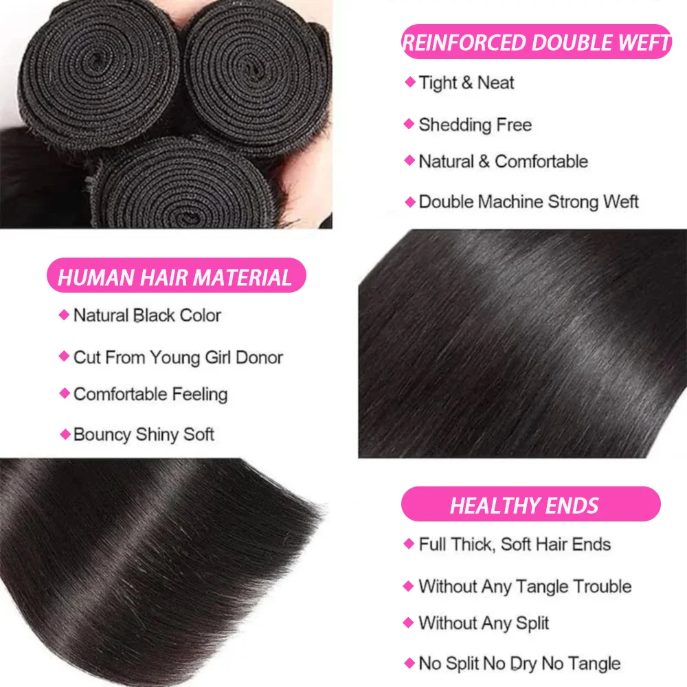 Bundles de cheveux humains droits avec fermeture pour femme, dentelle 100% non traitée, 13x4, noir naturel, document, 3 faisceaux