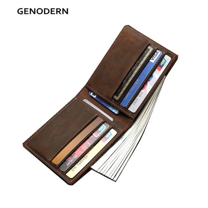 

GENODERN Crazy Horse Leather Men's Wallet Vintage Cow Leather Wallet for Men Slim Male Purse