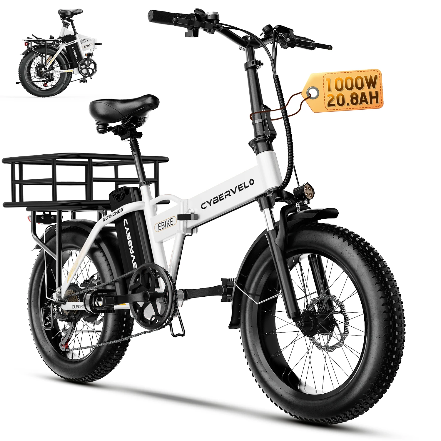 Cybervelo 1000W Peak High-speed Brushless Folding 20 Inch Fat Tire Electric Bike for Adults 48V 20.8Ah/50Ah Removable Battery 80 Miles Range Commuter E-Bicycle EK4 image 9