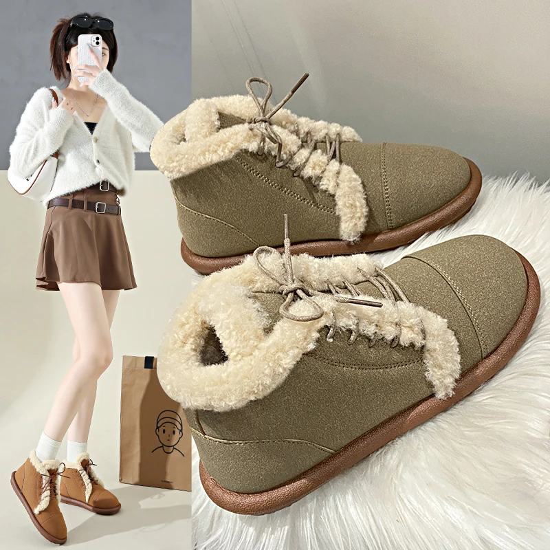 أحذية بدون كعب كلاسيكية، أحذية نسائية قطنية بمقدمة مستديرة، أحذية ثلج دافئة معزولة بنمط جديد لخريف وشتاء 2025 #5