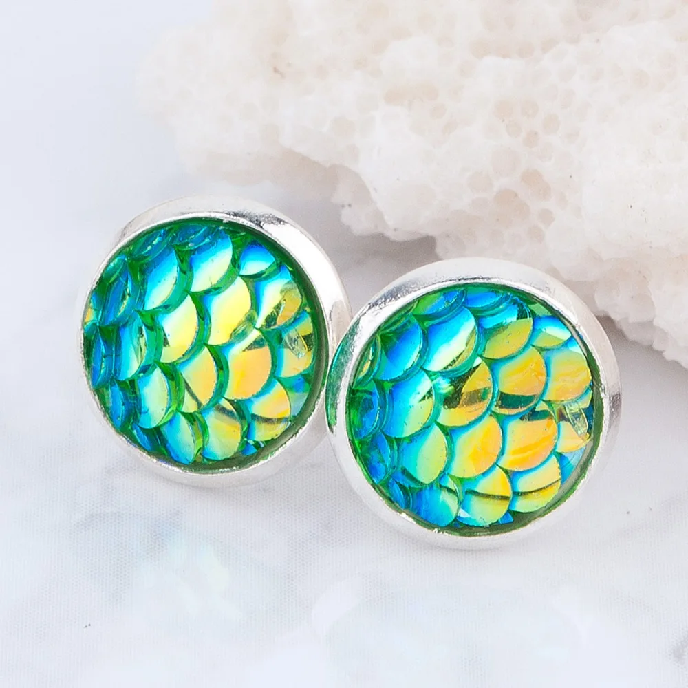 DoreenBeads Handmade Drusy Resin Beads Round Earrings Mermaid Fish Scale Pattern Fashion Trendy Woman 15x12mm 1Pair