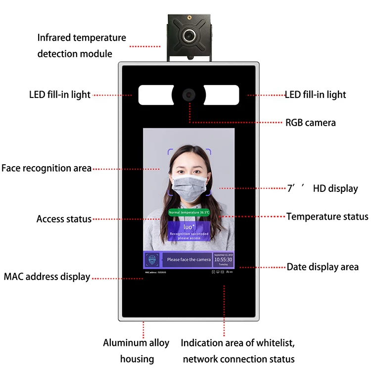 Dispositivo biométrico de reconocimiento facial y medición de temperatura, Terminal de Control de acceso de 7 pulgadas con cámara