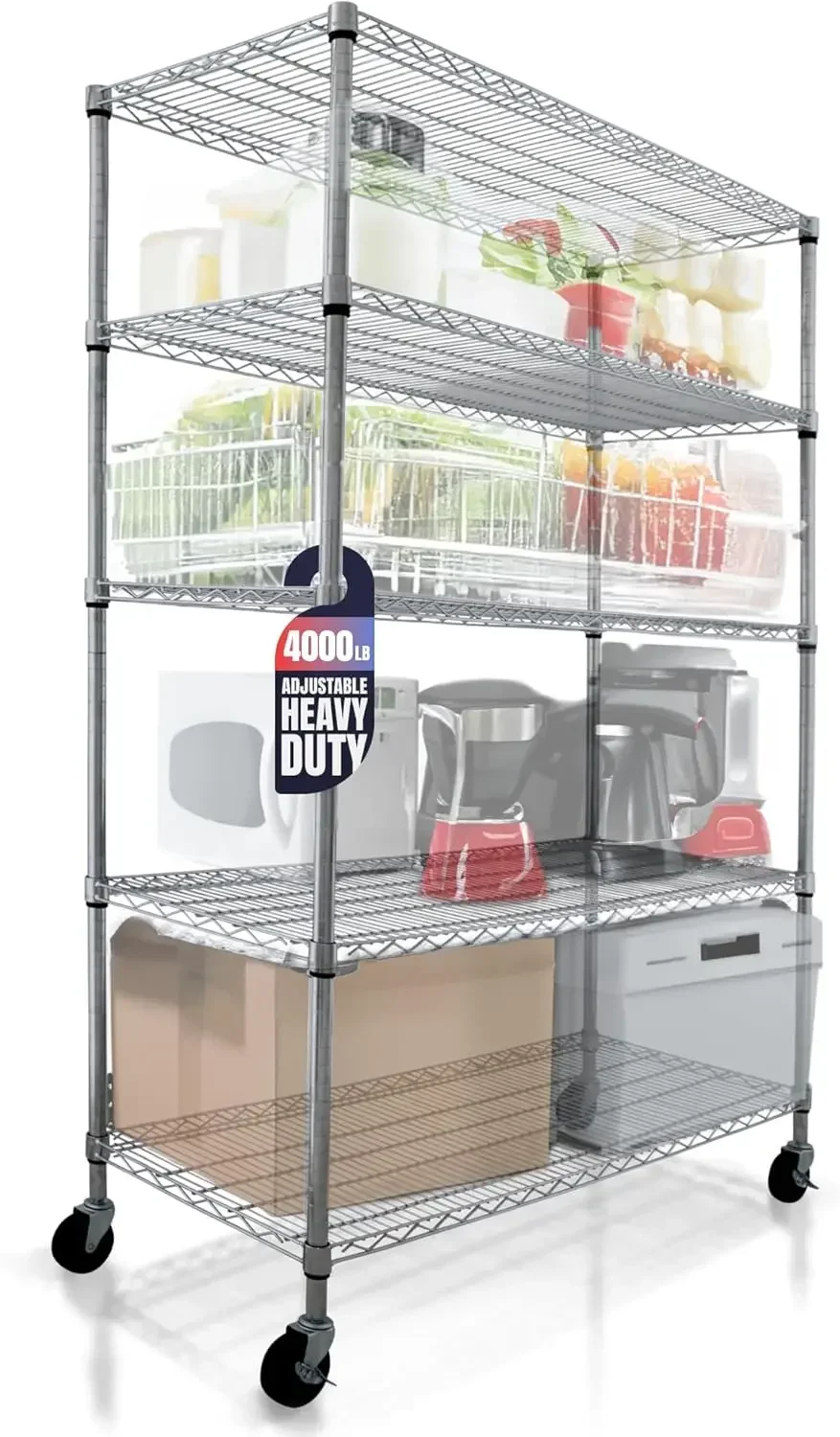 

48 x 24 x 76, 4000 LBS, Commercial Metal Shelves for Storage with Wheels for Garage Shelving, 5 Tier Wire Shelving Rack