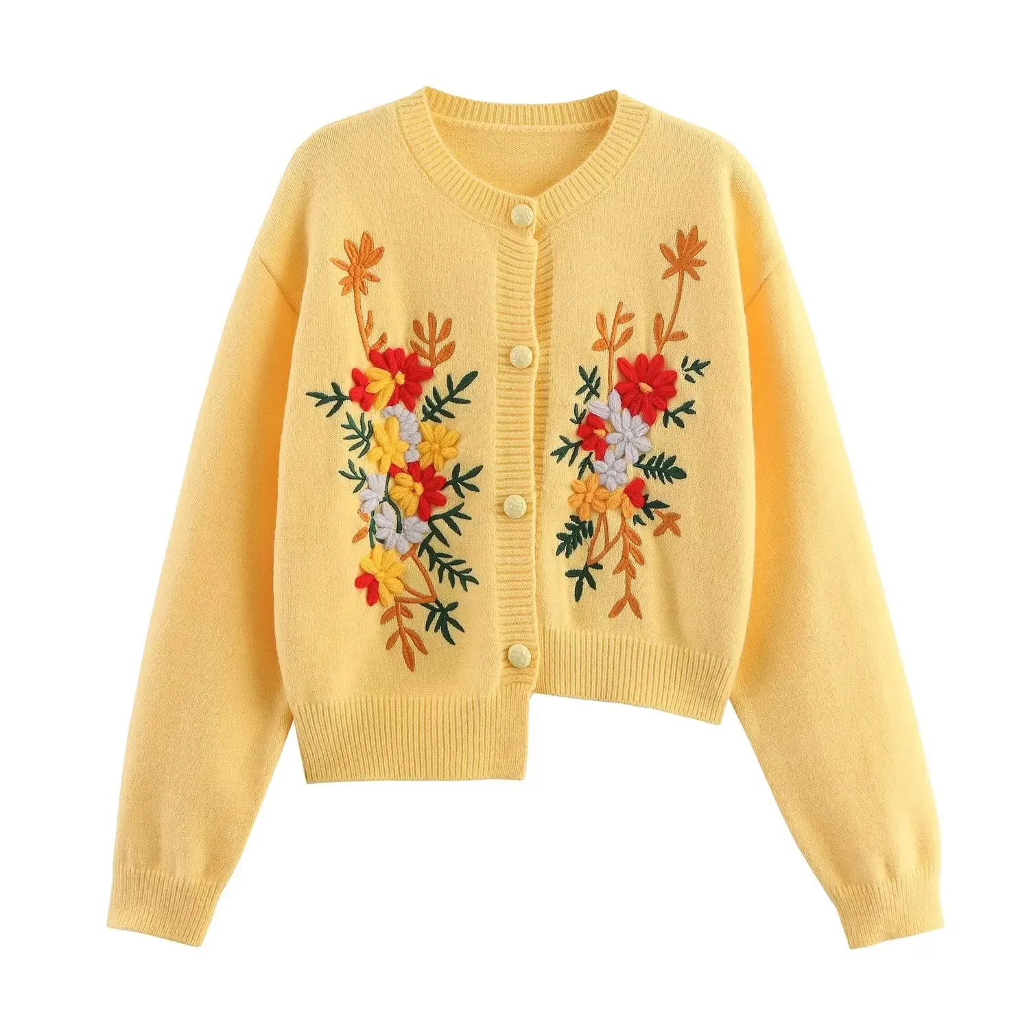 

HH женский осенний модный желтый кардиган с вышивкой и нерегулярным подолом, женский повседневный однобортный свитер с длинными рукавами
