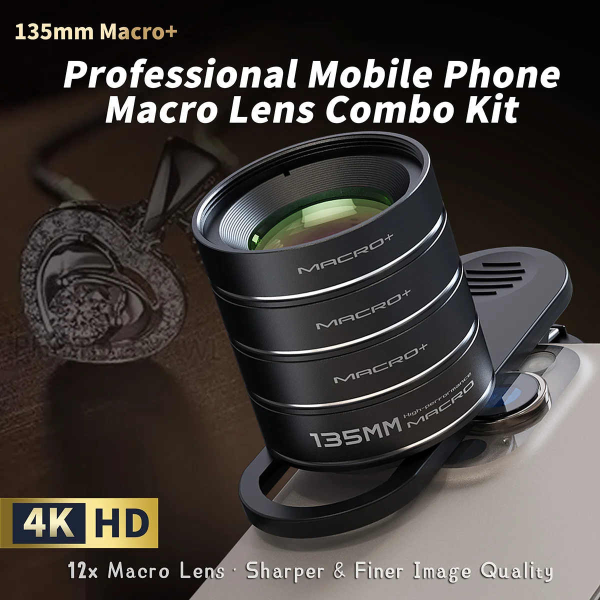 

135mm Phone Macro Lens Kit 4K HD Stackable 3X-12X Long Distance Mobile Camera Lenses for iPhone Android Jewelry Plant Beauty