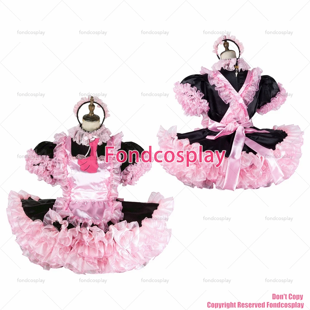 

fondcosplay adult sexy cross dressing sissy maid short black satin dress lockable pink organza Uniform CD/TV[G2045]