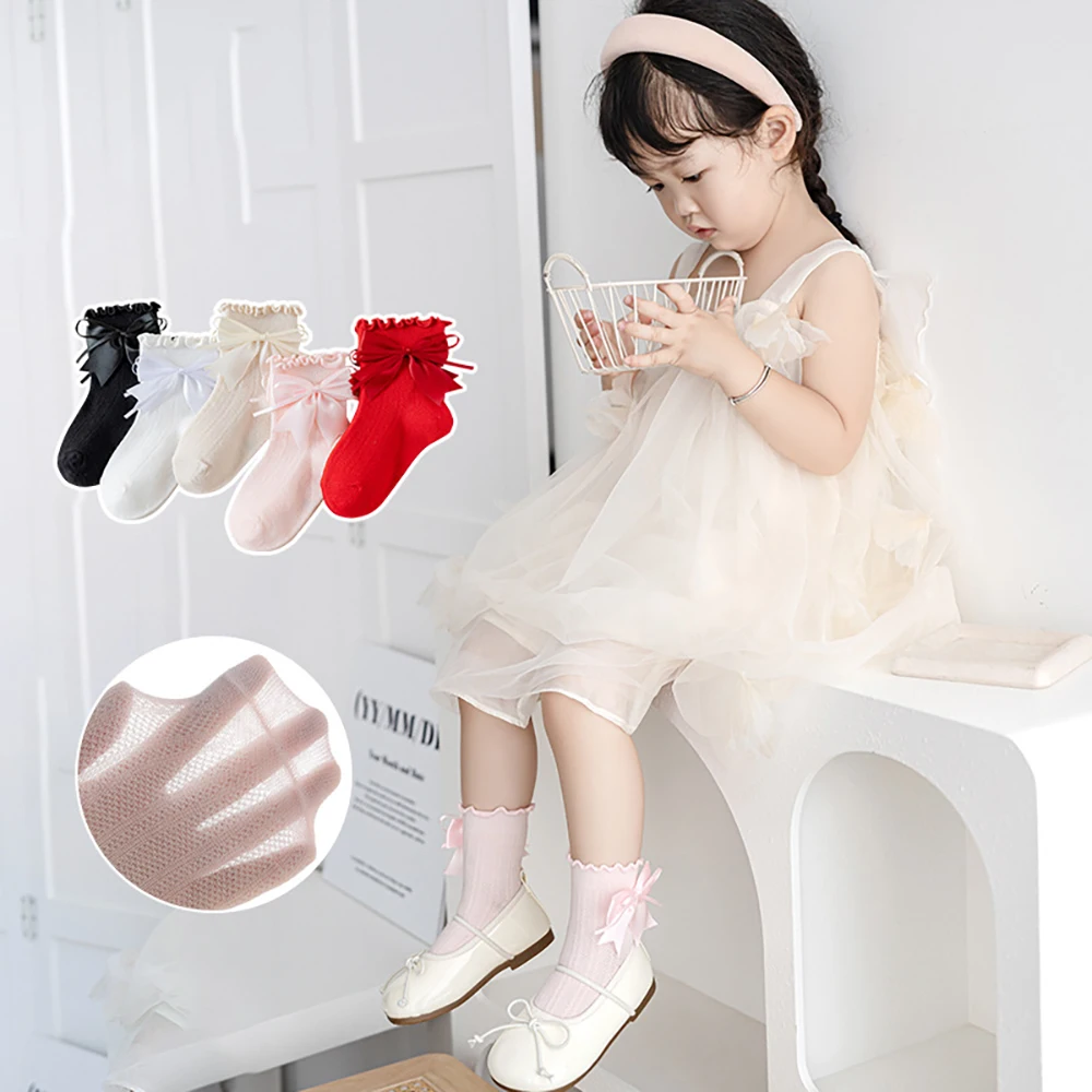 3 Pairs a Lot Summer Children Princess Socks 3-12T Solid Color Sweet Kids Bow Socks Ventilate Thin Girls Socks