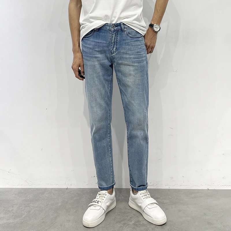 

Slim Fit Blue Elastic Casual Denim Jeans Waed Spring Summer Men's Long Pants Youth Faion Cotton Stretch Jeans