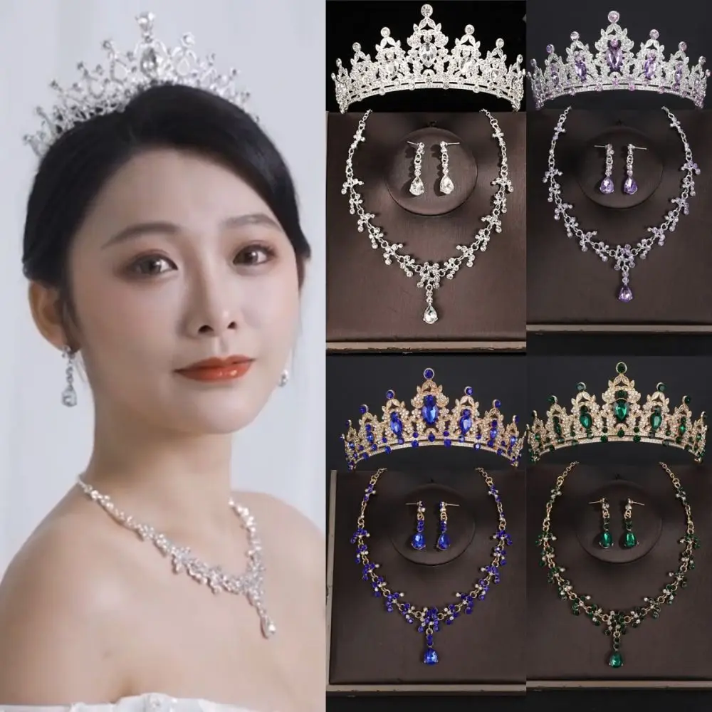 

3pcs/set Luxury Bridal Jewelry Sets Silver Color Crystal Tiaras Crown Necklace Earrings Headpieces Sparkling