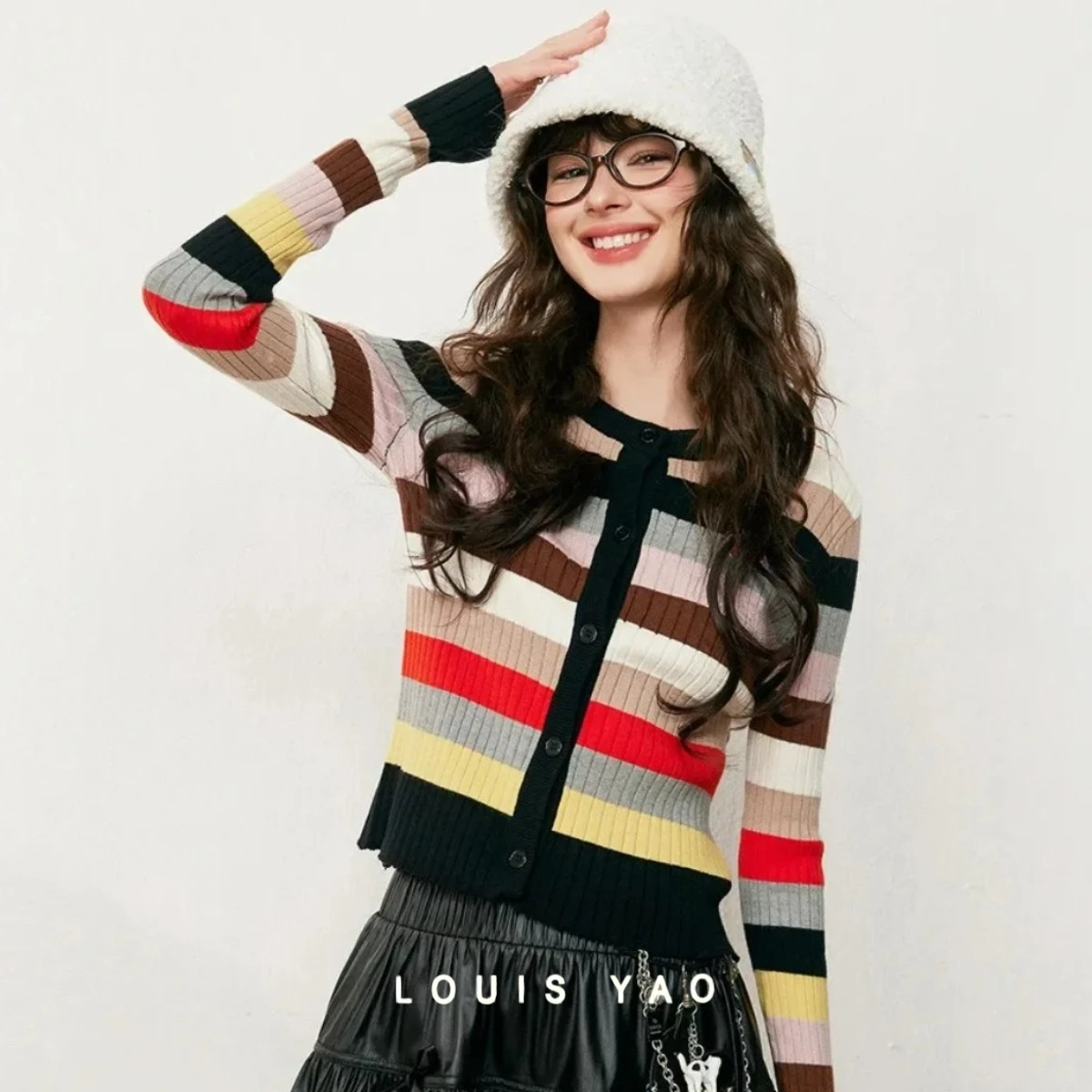 

LOUIS YAO Fashion Colorful Striped Women's Knitted Sweater 2025 Autumn Knitted Cardigan Micro Elastic Slim Long Sleeved Top