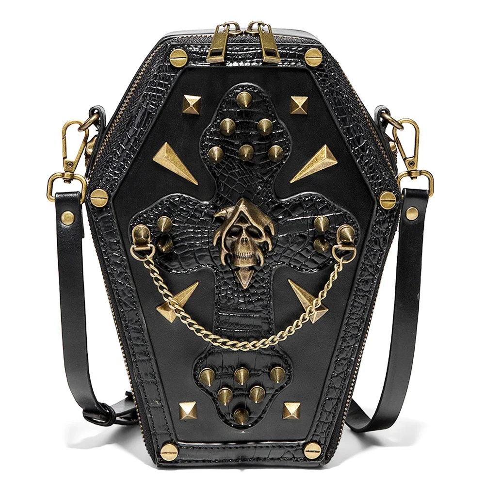 New Punk Skull Head Motorcycle Chain Coffin Handbag and Purse for Women Steampunk Crossbody Bag Satchel Sling Purse High Quality