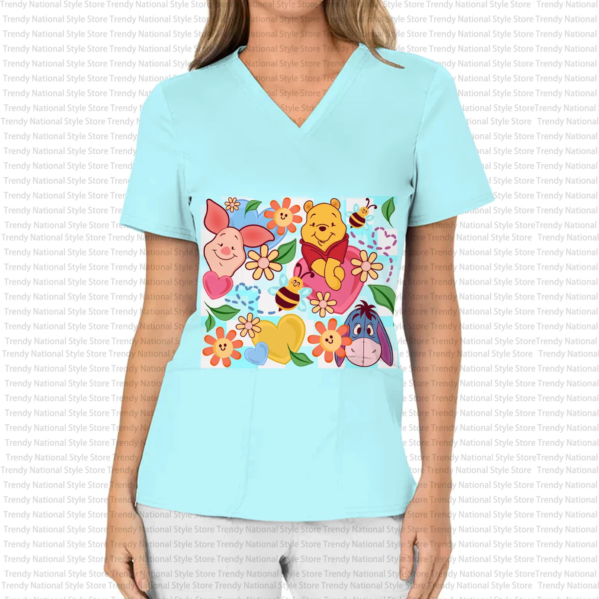 夏のファッションエレガントなディズニーくまのプーさん漫画プリント女性の作業服つや消しトップ V ネックポケット半袖 Tシャツ