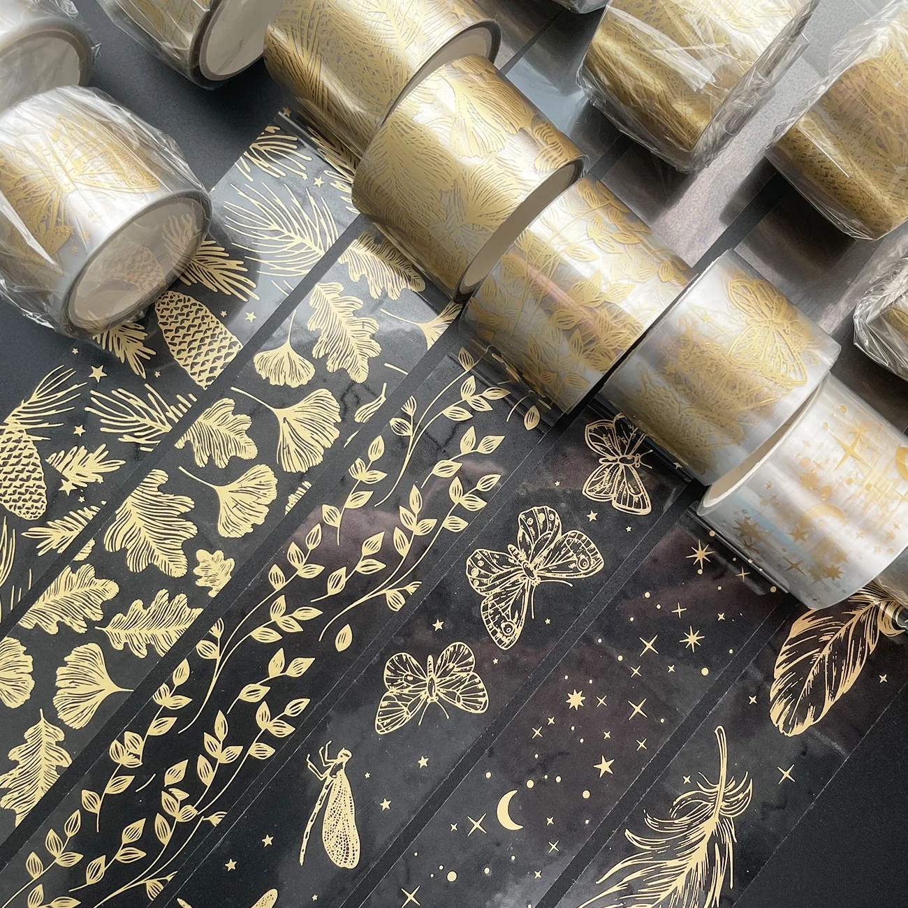 30mm Wide Butterfly Feather Leaves Decorative Adhesive Tape Golden Transparent Masking Washi Tape Scrapbooking Sticker Label