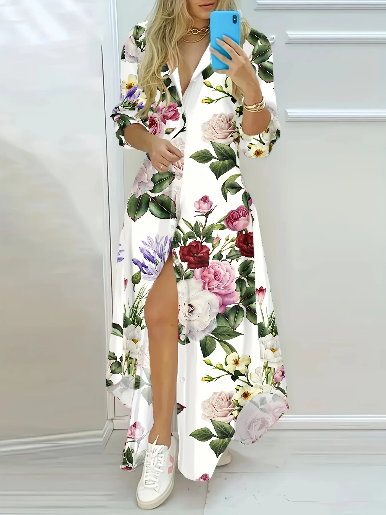 Damen Langarm-Kleid mit Blumenmuster Urlaubsstil Sommer Lässiges A-Linien Midikleid für Damen Frühling Herbst Modekleidung
