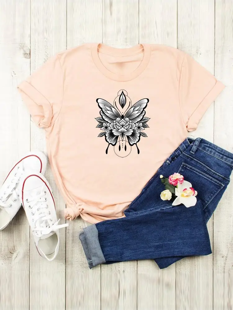 Flower Butterfly Lovely Trend T-shirts Women Clothing Cartoon Shirt Female Short Sleeve Fashion Summer Graphic Tee Print T Top