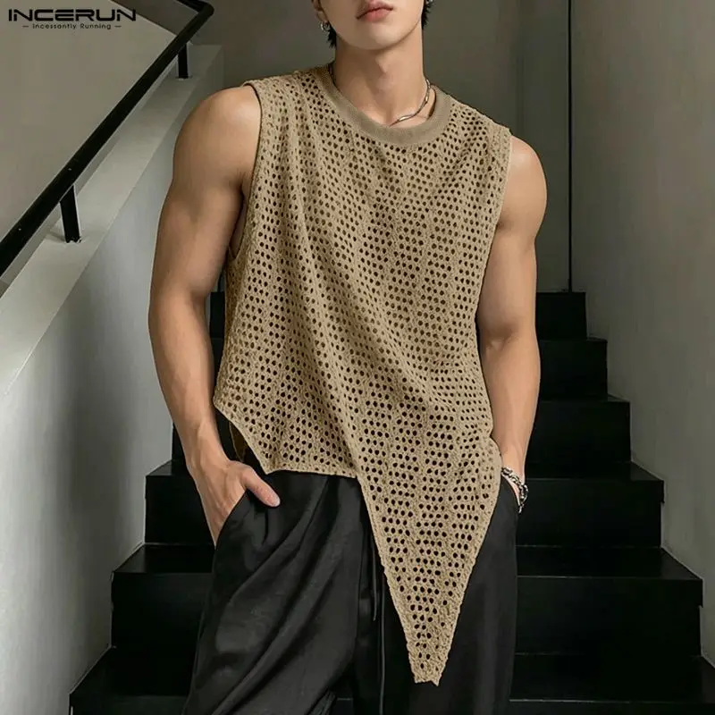 INCERUN Men's Irregular Tank Tops Hollow Out See Through Sexy Sleeveless Men Clothes Tops Summer Solid Color Fashion Male Vests
