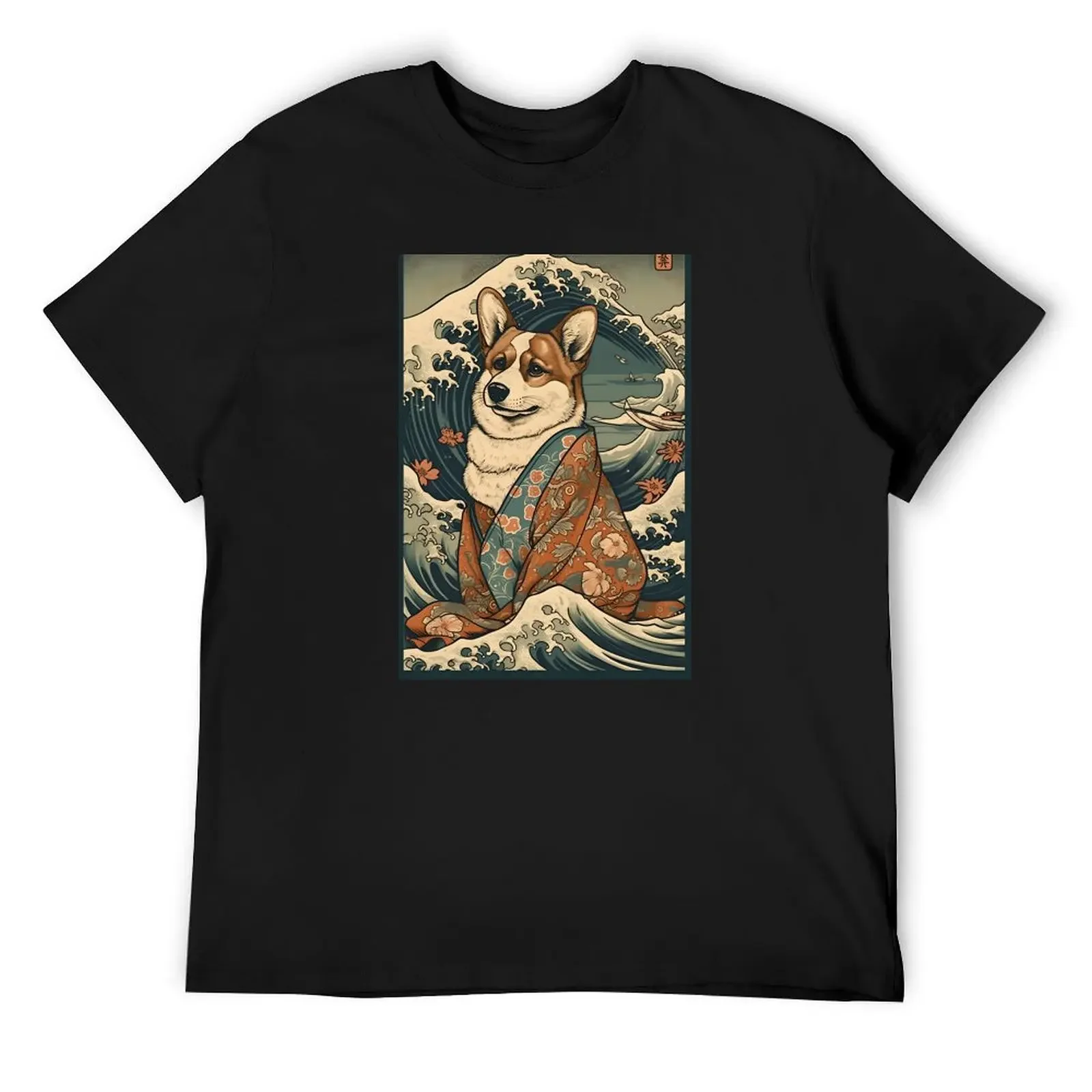 

Corgi in Kimono: Traditional Japanese Ukiyoe Painting with Waves T-Shirt anime stuff cheap stuff Blouse T-shirts for men cotton