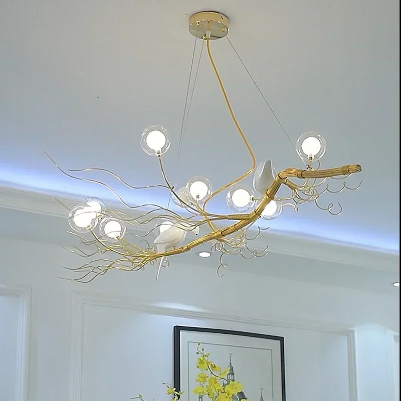 

Retro Iron Branch Led Pendant Chandeliers Nordic Dining Room Chandelier Lighting Bird Nest LED Hanging Lights Fixture