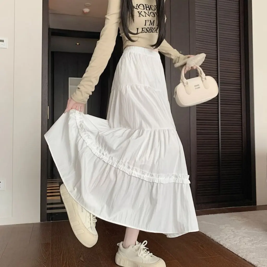 

White High-Waisted Slimming Pleated Midi Skirt New Petite Cake Lace Dopamine Women's Fashion Skirts